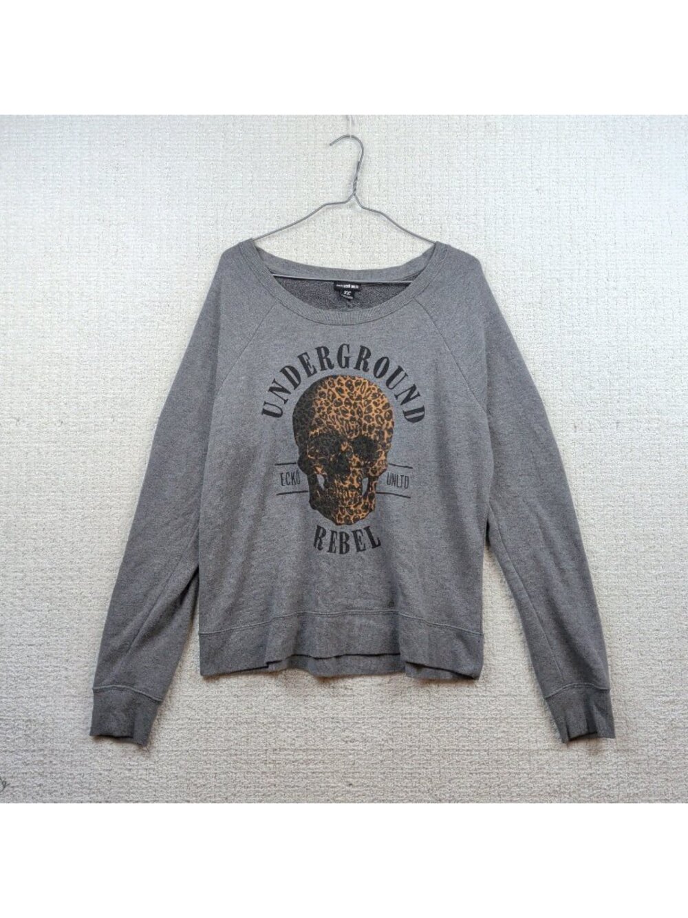 Y2K Ecko Red Pullover Open Back Sweater Gray Leopard Skull Grunge Goth Wom Sz XL